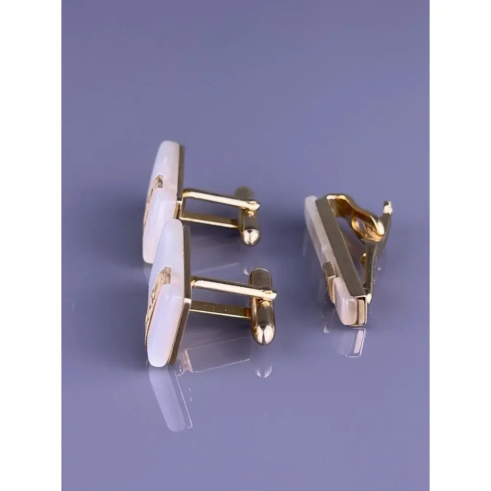 White Acrylic Pearlescent Cufflinks Tie Clip Bar Gold Tone Scrolls Swank Vintage